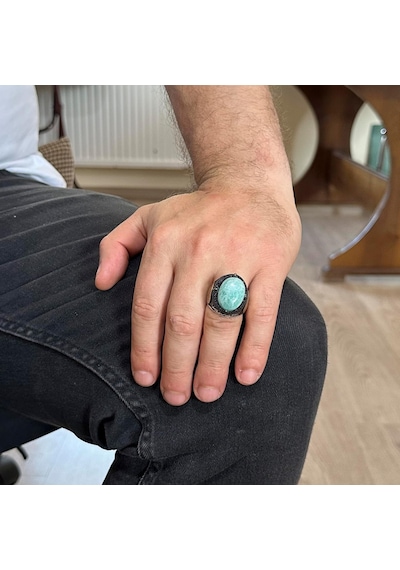 Doğal Cabochon Amazonit Taş Yüzük, Sürekli 925k Katı Gümüş Erkek Yüzüğü - Süleyman Mührü Gümüş Yüzük Gümüş