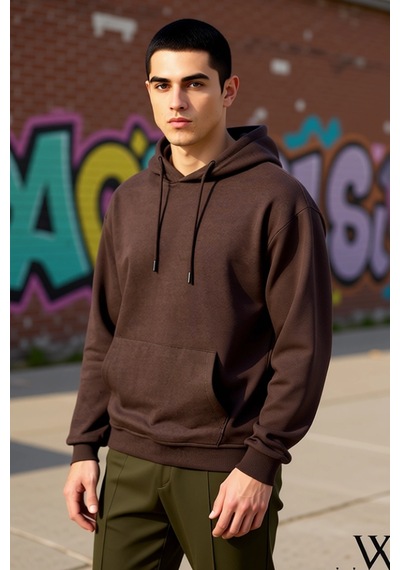 Benerly Erkek Kapüşonlu Düşük Kol Uzun Kollu Oversize Kalıp Sweatshirt Fo Koyu Kahverengi