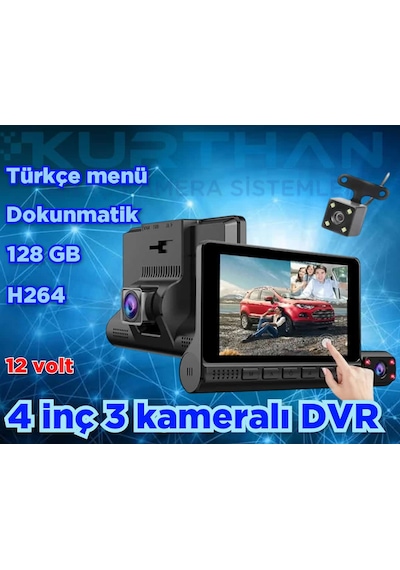 4inç Dokunmatik 3 Kameralı Araç İçi Dvr 128 Gb 12 Volt