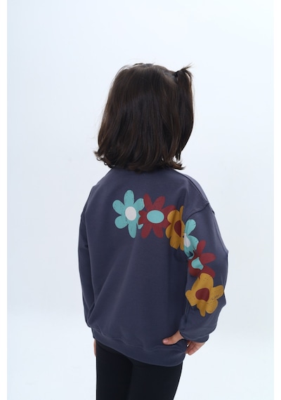 Toontoy Kız Çocuk Arka Kol Baskılı Çiçekli Sweatshirt Füme Melanj