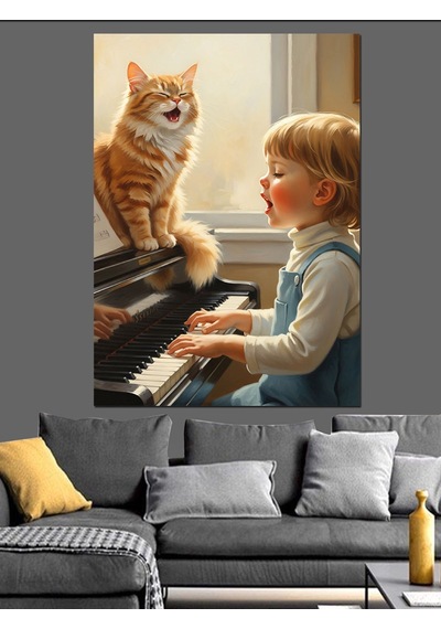 Ahşap Tablo Kedi Ve Kız Piyano Başında Dekoratif Tablolar