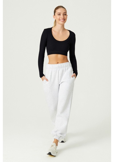 Los Ojos X Melodi Siyah Pamuklu Fitilli Uzun Kollu Crop Spor Bluz Long Sleeve Siyah