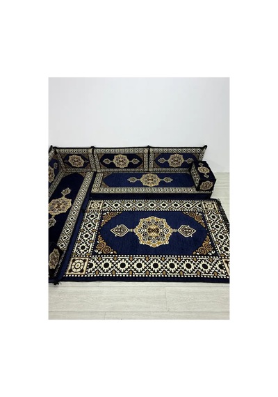 Güneş Modeli Lacivert Otantik Şark Köşesi Takımı L Set - Geleneksel Yer Minderi Seti 10 Cm Minder Kalınlığı 10 Parça