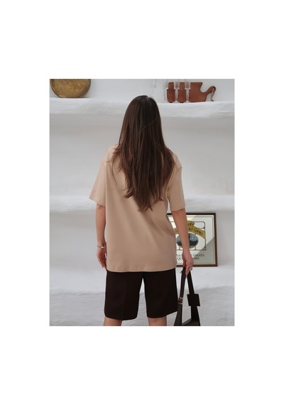 Paw Garage Kadın Mia İnterlok Kumaş Bisiklet Yaka Oversize T-shirt Bej