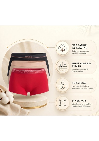 Jakoft Classic Pamuklu Kadın Boxer 3'lü Paket Kırmızı - Ten - Siyah
