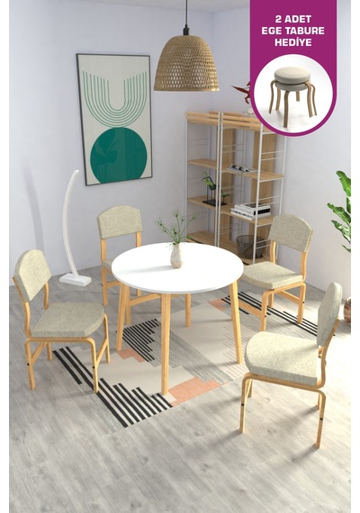 Vilinze Ege Sandalye Avanos Yuvarlak Ahşap Mutfak Masası Takımı - 90x90 Cm Beyaz