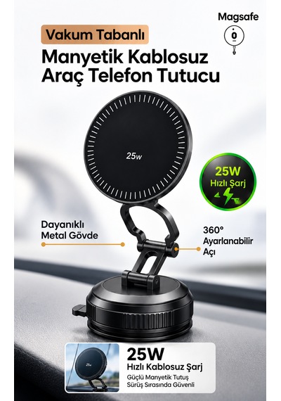 25w Hızlı Şarjlı Mıknatıslı Vakumlu Araç İçi Telefon Tutucu Katlanabilir Araba Telefon Tutacağı Siyah