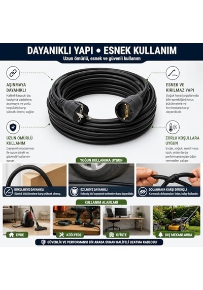 3x2.5mm Ttr Topraklı Siyah Kauçuk Seyyar Uzatma Kablosu 25 Metre