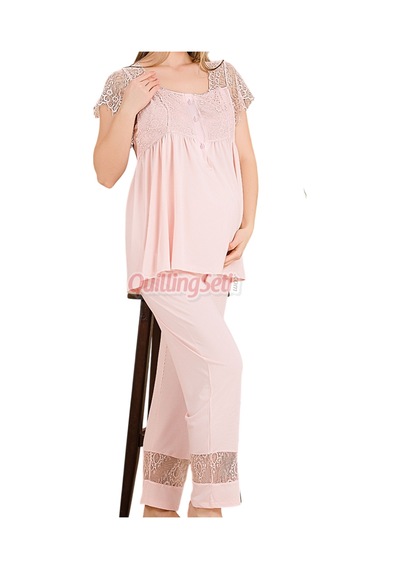 Lady Bebe Pembe Renkli Dantel Detaylı, 33200 Kısa Kol, 2 Parça Lohusa Hamile Pijama Takımı Açık Pembe