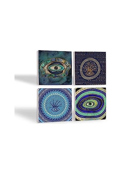Nazar Taş Bardak Altlığı Seti - 4 Parça - Dekoratif, Rustik Mutfak Aksesuarı, 10x10 Cm, Kaydırmaz Tabanlı, Şık Diğer