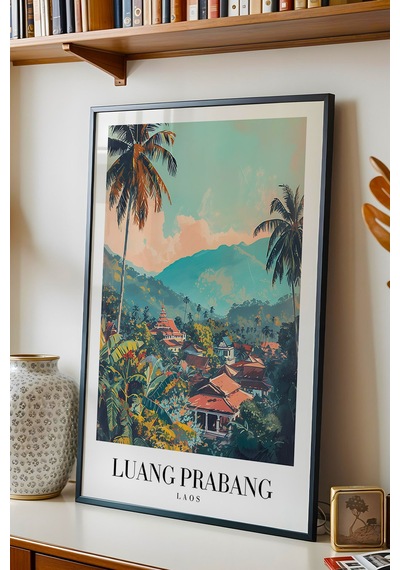 Luang Prabang Laos Vintage Seyahat Posteri Çerçeveli Tablo - Premium Egzotik Doğa Duvar Dekoru Siyah