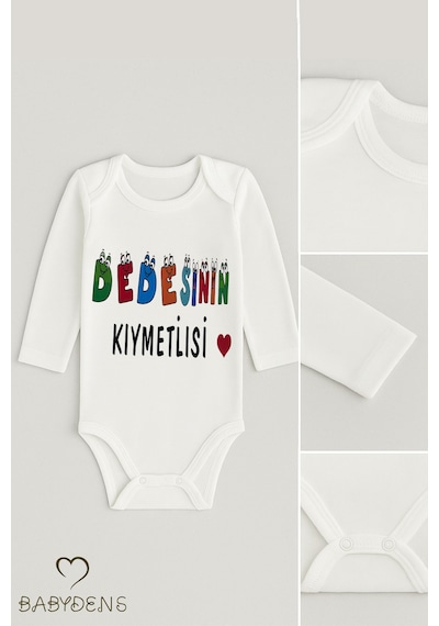 Babyden's Dedesinin Kıymetlisi Yazılı Uzun Kollu Bebek Zıbını %100pamuk Çıtçıtlı Body Beyaz