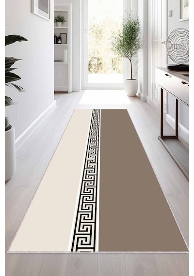 Bej Kaymaz Tabanlı Modern Kesme Rulo Yolluk Halı Vh019n11