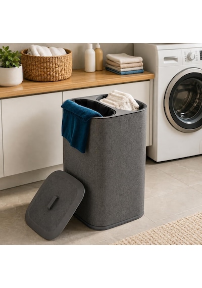 90 Litre İki Bölmeli Kirli Çamaşır Sepeti Çıkarılabilir Astarlı Kapaklı Katlanabilir Çamaşır Sepeti Laundry Basket Büyük Boy Çamaşırlık Organizer Gri Çok Renkli