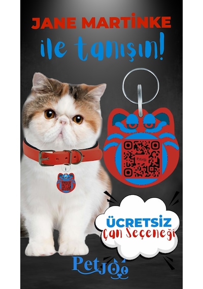 Petjoo 5.Jane Martinke Mavi-Kırmızı Qr'lı Kedi Künyesi