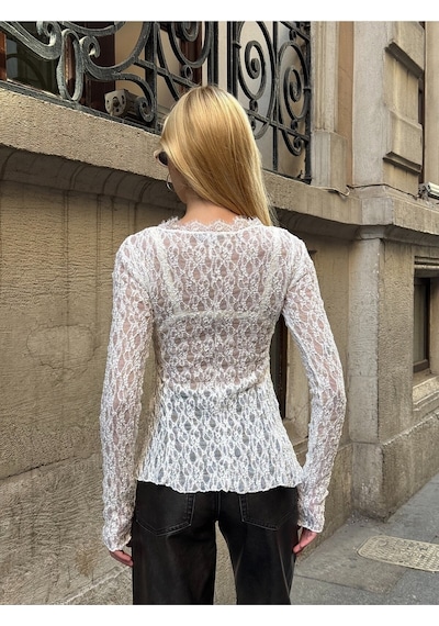 Mamayaga Kadın Bisiklet Yaka Full Esnek Dantel Bürümcük Spor Şık Tasarım Asimetrik Kesim Gece Bluzu Beyaz