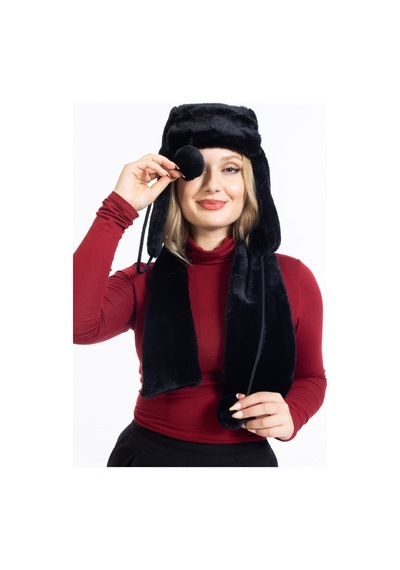 Ladycolor Peluş Kulaklı Pilot Şapka Atkılı Takım Siyah Siyah