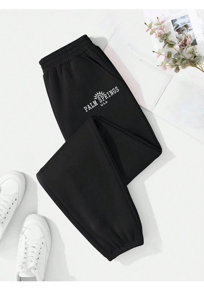 Lune Letter Graphic Thermal Lined 4 Mevsim Eşofman Siyah