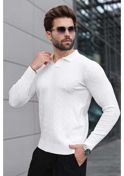 Madmext Beyaz Polo Yaka Saç Örgü Desenli Erkek Triko Kazak E7519