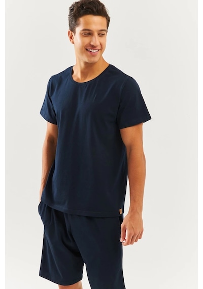Erkek Oversize Rahat %100 Pamuklu Penye Bisiklet Yaka Kısa Kol Basic T-shirt Classic Collection Lacivert