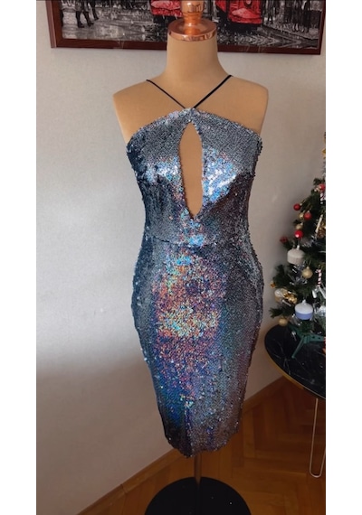 Chica Rosa Fashion Pullu Dekolteli Diamond Midi Elbise