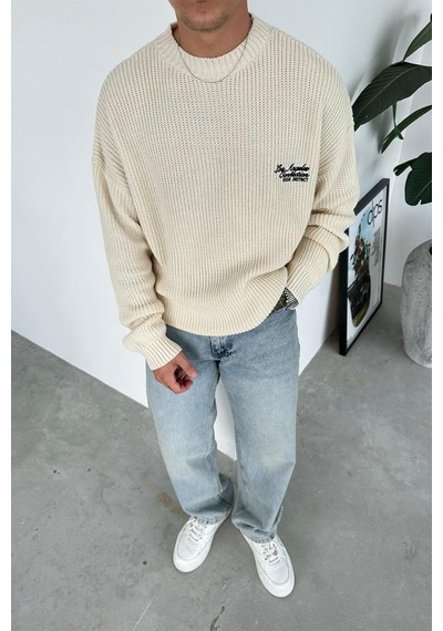 Krem Los Angeles Nakış Oversize Triko Kazak Krem