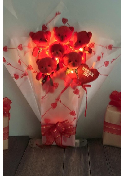 Led Işıklı, Premium Yumoş Kırmızı Peluş Ayıcık Buketi, Sevgiliye, Doğum Gününe Hediye
