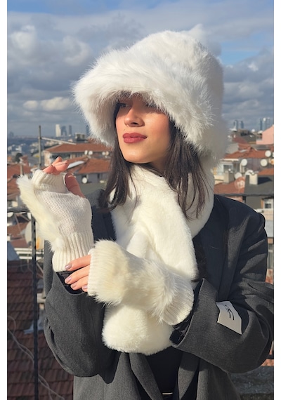 Mollycrush Suni Kürk Bucket Kalpak Atkı Eldiven 3'lü Set Kadın Kışlık Peluş Beyaz 3'lü Takım Beyaz