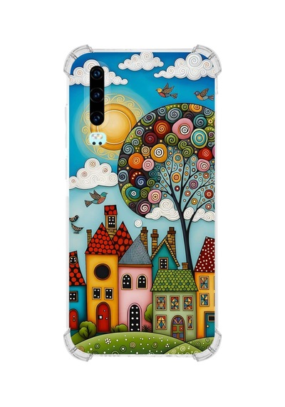 Printify Huawei P30 İle Uyumlu Düşlerin Dansı Serisi Gökyüzü Şehri Tasarımlı Uv Baskılı Köşe Korumalı Antişok Kılıf Şeffaf