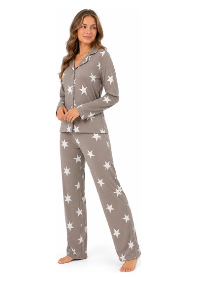 Sleeproom Kadın Süet Mevsimlik Uzun Kol Bej Yıldız Çizgi Desen Pijama Takımı