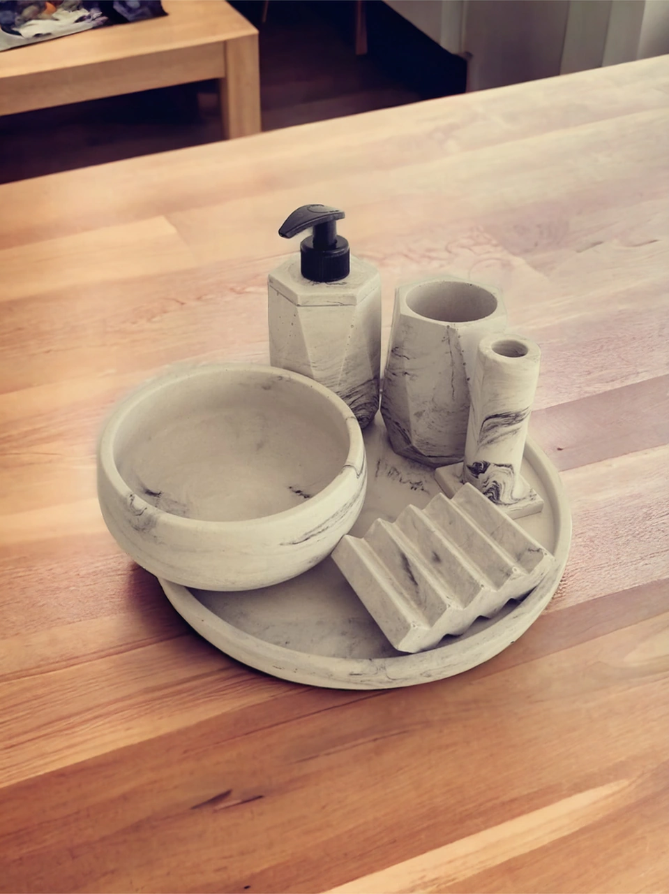 6'lı Mermer Desenli Antrasit Beton Banyo Seti , Sıvı Sabunluk Diş Fırçalığı Aksesuar Takım Antrasit