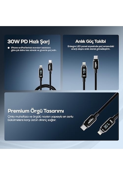 Xenon Smart Type-c To Lightning İphone Şarj Kablosu 30w Pd Hızlı Şarj 2m Led Örgü 480mbps X6427