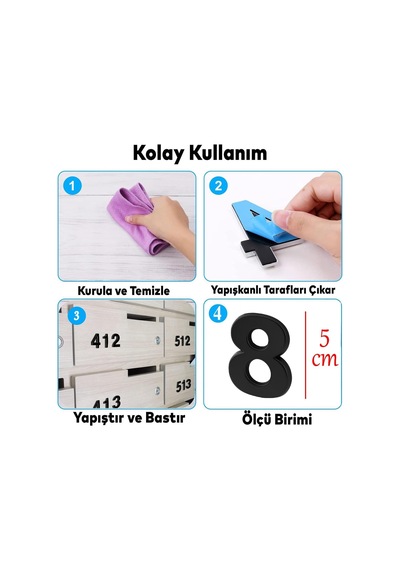 Lexroo Yapışkanlı Kapı Numarası Küçük Boy 50 Mm 5 Cm Numara 8 Rakam Sekiz Sayı Siyah Renk Numaralar Standart