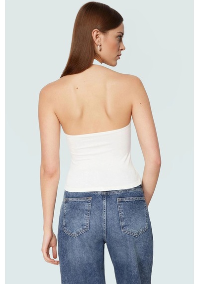 Ersefa Fitted Kalıp Viskoz Ribana Crop Bluz Boyundan Bağlamalı Yaka Günl Beyaz