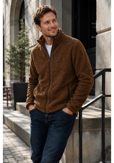 Luxıc Core Erkek Peluş Mont Slim Fit Dik Yaka Fermuarlı Cepli Günlük Spor Ceket Kahverengi
