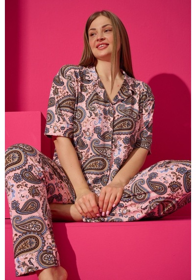 Eliz 7301-28-b Bambu Battal Likralı Düğmeli Kadın Pijama Takımı Çok Renkli
