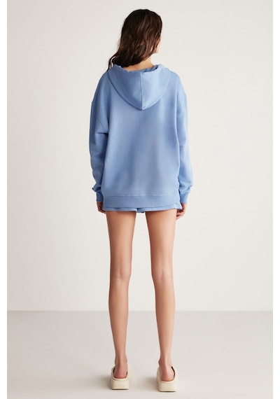 Grimelange Ametıs Kadın Oversize Organik Pamuklu Metal Fermuarlı Kapüşonlu Mavi Sweatshirt Mavi