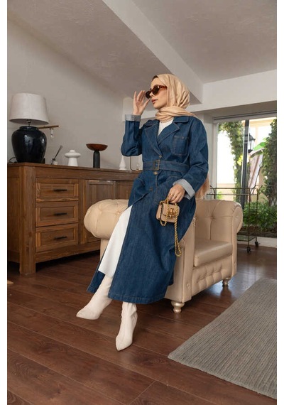 Neways 6655-kuşaklı Denim Ceket Koyu Mavi Koyu Mavi
