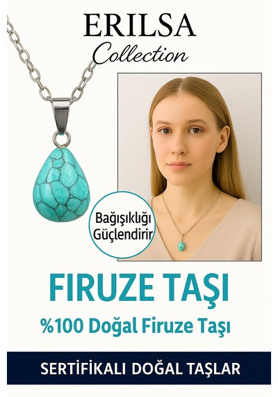 Erilsa Sertifikalı Damla Model Firuze Taşı Kolye Koruma, İletişim Ve H Çok Renkli