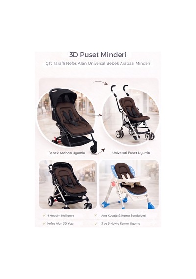 3d Mesh Puset Ve Bebek Arabası Minderi 4 Mevsim Çift Taraflı Terletmez Universal Bebek Oto Koltuğu Minderi Kahverengi