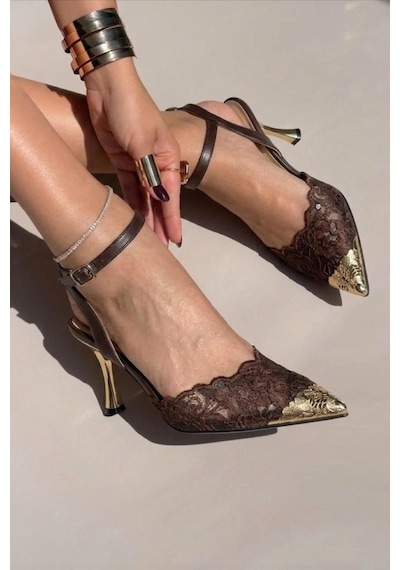 Fox Shoes Y752093806 Kahverengi Dantel İnce Galveniz Topuklu Kadın Ayakkabı