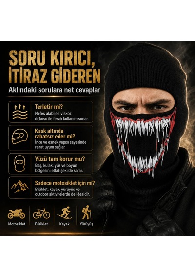 Unisex Canavar Diş Baskılı Balaklava 1 Adet Tek Beden Viskoz Kask İçi Motosiklet Maskesi 1 Siyah