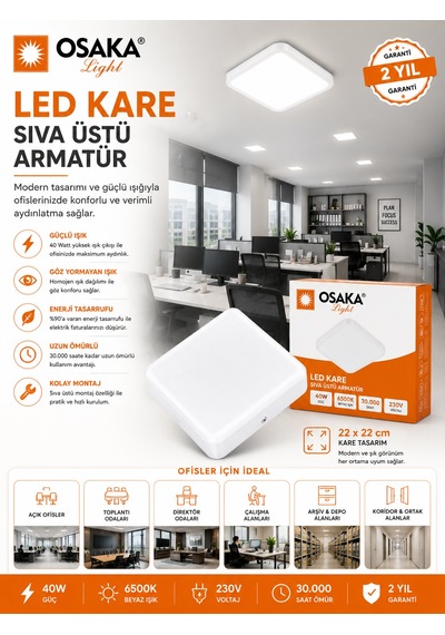 2 Adet Osaka 40w Kare Sıva Üstü Armatür Beyaz Işık 6500k