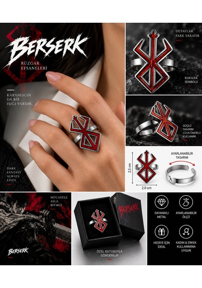 Berserk Rüzgar Efsaneleri Sembol Ayarlanabilir Yüzük Kırmızı Gümüş Renk Unisex Gümüş - Gri