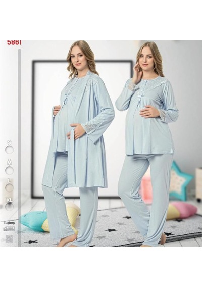 Nehir 2020 Mavi Hamile Lohusa Pijama Sabahlık 3'Lü Takım