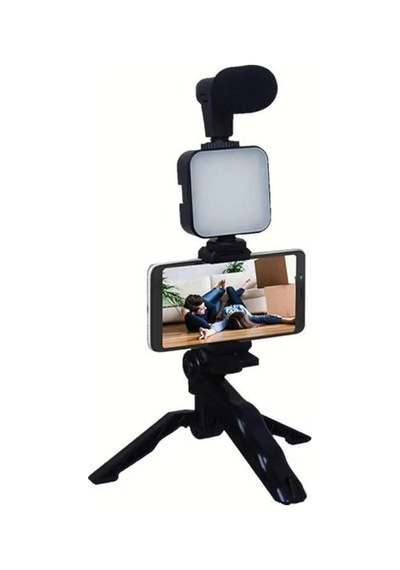 Mey İthalat Telefon Tutucu Mikrofonlu Işıklı Youtuber Video Kayıt Siyah