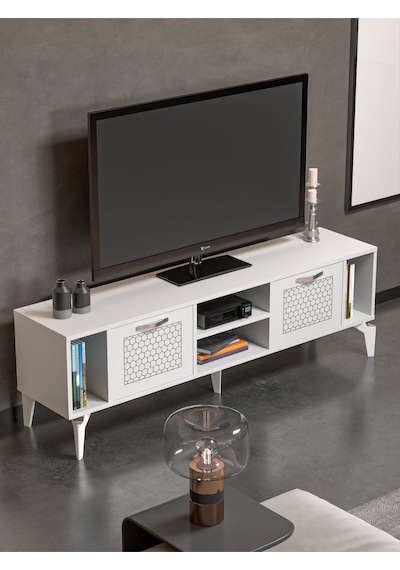 Tv Sehpası 160 Cm Modern Çok Amaçlı Dolaplı Raflı Televizyon Ünitesi Linya Gümüş Beyaz Tv Sehpası 160 Cm Modern Çok Amaçlı Dolaplı Raflı Televizyon Ünitesi Linya Gümüş Beyaz