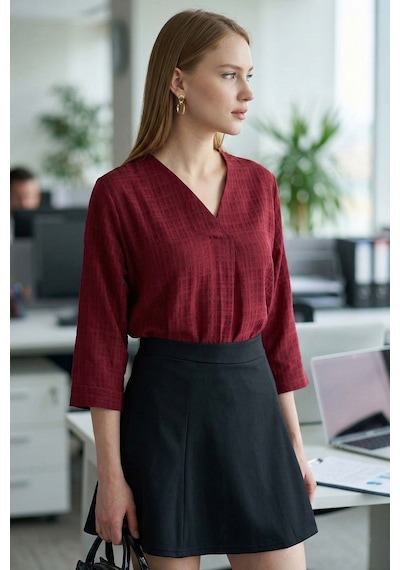 Armonika Kadın Bordo V Yaka Çeyrek Kol Bluz Arm-25y001024