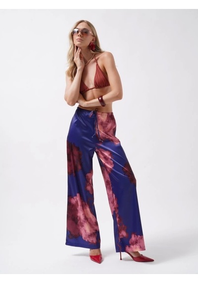 Defymoda Bel Lastikli Desenli Saten Pantolon Lacivert