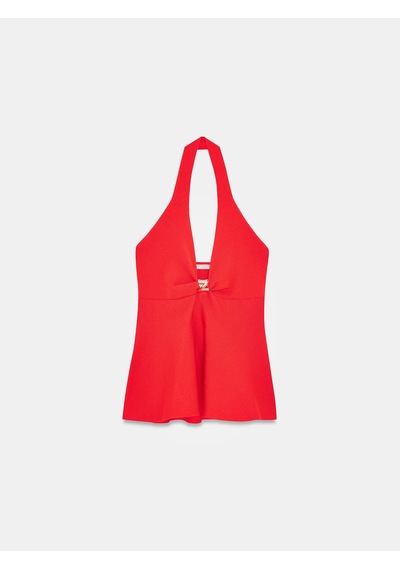 Dilvin 10787 Halter Yaka Peplum Triko Bluz-a.kırmızı